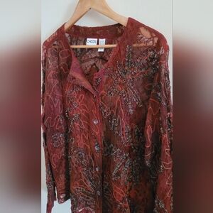 Vintage Chico's Earthy Semi Sheer Button Down Top, Women's XL, Rust Colored
